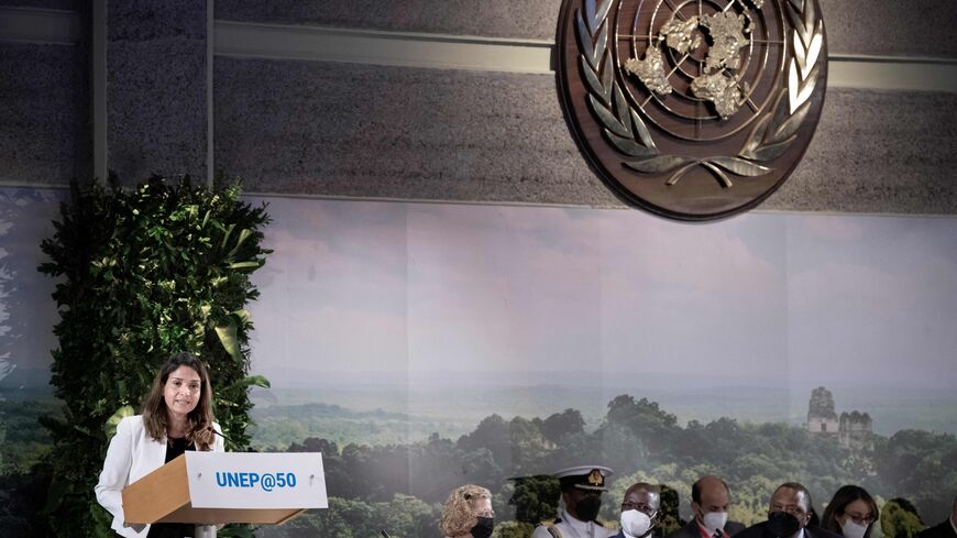 Newly elected President of the Sixth UN Environment Assembly (UNEA 6), Morocco's Minister for Energy Transition and Sustainable Development, Leila Benali (L) adresses delegates at the 50th anniversary of the UN Environment Program (UNEP) in Nairobi on March 3, 2022 - The world has a "historic" opportunity to address plastic pollution by starting discussions in early March on a treaty to regulate this phenomenon that chokes biodiversity, according to the Executive Director of the UNEP, Inger Andersen (Photo 